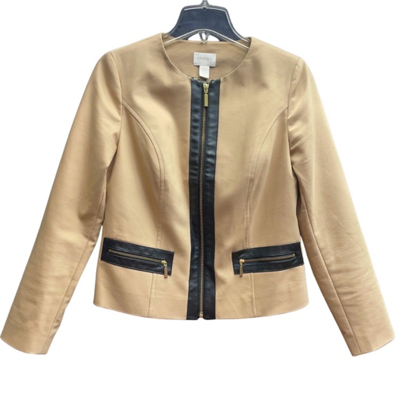 Chico's Jackets & Blazers - Chico’s Tan Black Faux Leather Trim Zip Jacket Sz 0 (XS)